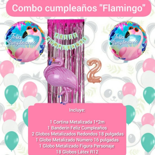 Combo Decoración Cumpleaños Globos Cortina Flamingo Banderin