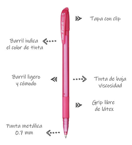 Bolígrafo Pluma Con Tapa Bx427 Pentel Feel-it 0.7 Mm 12 Pzas Color De La Tinta Rosa