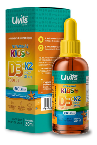 Vitamina Kids D3 E K2 Em Gotas 600 Doses 20ml - Uvits Sabor Sem Sabor
