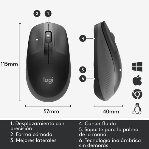 Mouse Inalambrico Logitech M190 Confort & Contorneado Carbon