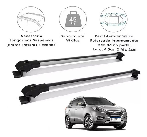 Travessa Teto Hyundai Ix35 2010 A 2018 Aluminio Slim Prata