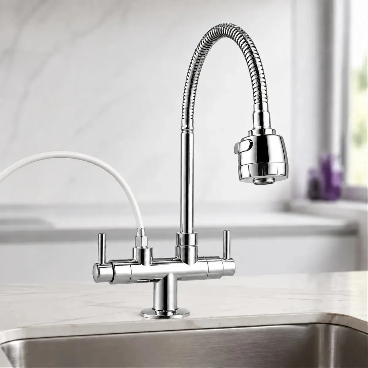 Torneira Flexível Gourmet ABS Cromada de Bancada com 2 Jatos e Adaptador para Purificador para Cozinha Uso Diário na Pia da Casa Residencial Moderna
