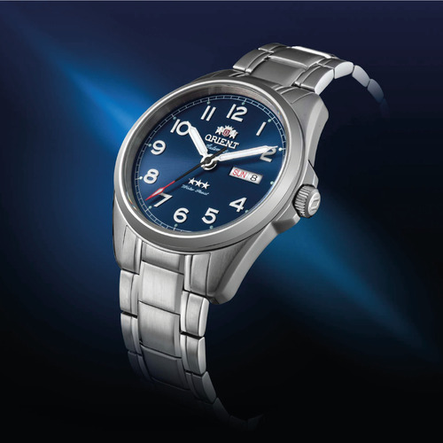 Relógio Orient Automático 3 Estrelas Yn6ss006 D2sx Correia Prateado Bisel Prateado Fundo Azul