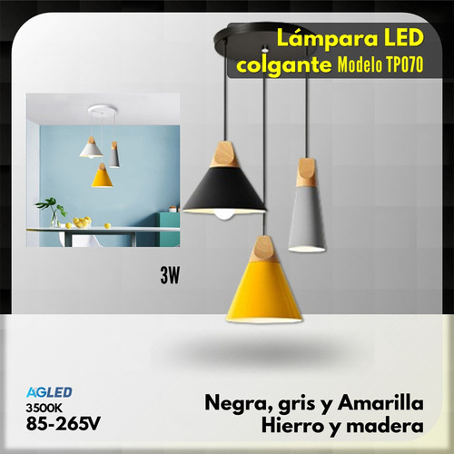 Lampara Led Colgante 3w Negra 3k 85-265v Hierro-madera Tp070