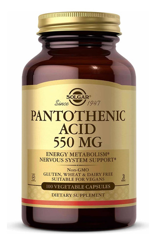 Ácido Pantotenico 550mg (100 Cápsulas) Solgar Hechos En Usa Sabor Sin sabor