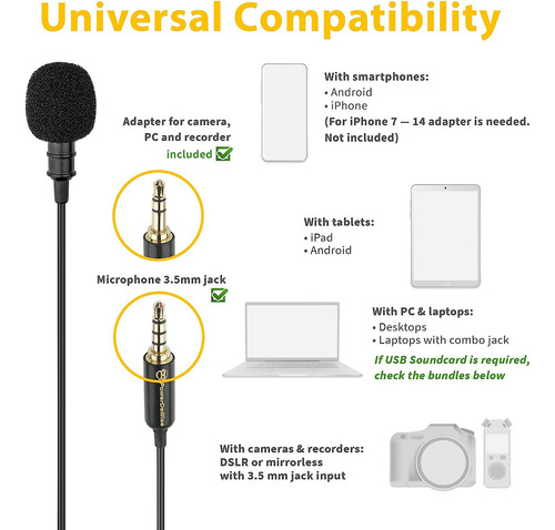 Powerdewise Micrófono De Solapa Grado Profesional Con Clip - Lavalier Micrófono Para Teléfono Con Cámara iPhone Grabación De Video Asmr - Micrófono Pequeño Con Cancelación De Ruido De 3.5 Mm