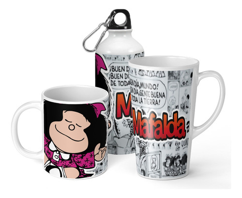 Set De Taza + Botella + Taza Conica Mafalda 2 De Regalo