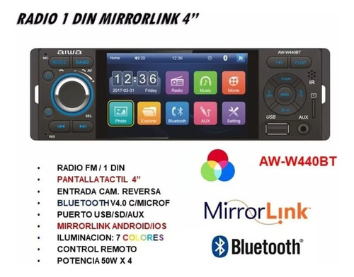 Auto Radio Aiwa Táctil 4 Pulgadas 1 Din Bluetooth Mirrorlink