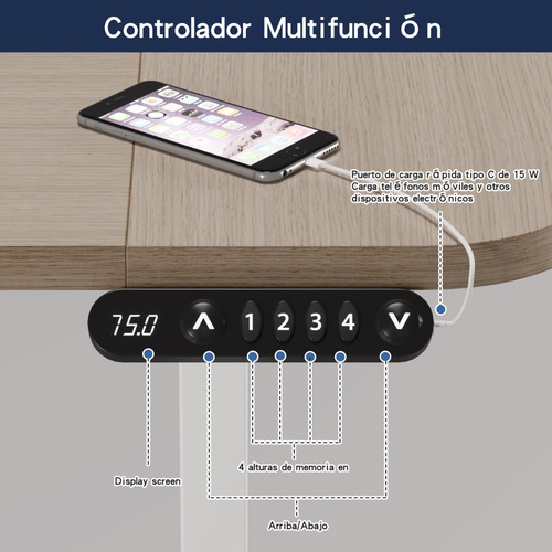 Escritorio Altura Ajustable Con Enchufe Forma L 150x68/100cm