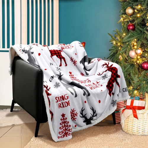 2 Mantas Navideñas Sherpa Con Reno Rojo, Árbol De Copo De Ni