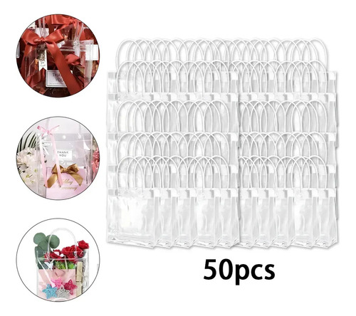 50 Bolsas Pvc Transparentes Con Asa Para Regalos 20x20x8 Cm Transparente