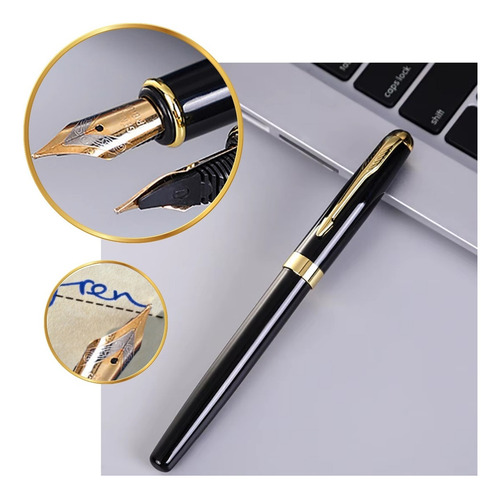 Caneta Tinteiro Refil Tinta Azul Executiva Premium Luxo Ouro Exterior Preto/dourado