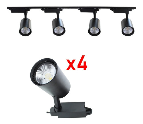 Kit De 4 Lamparas De Riel Dirigible Led 30w Negra Luz Neutra