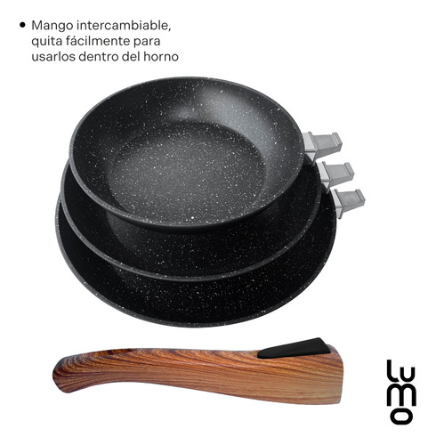 LUMO HOME Sarten Juego 3 Sartenes Antiadherente 20 24 28 Cm Marmol Negro, Granito Tecnologia Alemana 100% libre de PFOA, para estufa de inducción, gas o eléctrica, Set 3 piezas Mango Retractil hornos