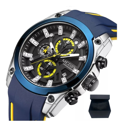 Relógio Megir Azul Esportivo Prova D Água Moderno Luxo Cor do fundo Preto