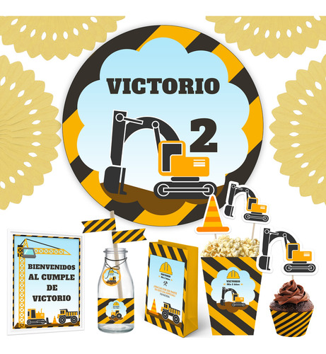 Kit Imprimible Construcción Maquinas + Banner, Personalizado