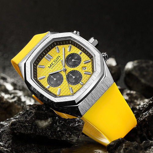 Reloj Cronógrafo Con Calendario Cuadrado Megir Color De La Correa Amarillo