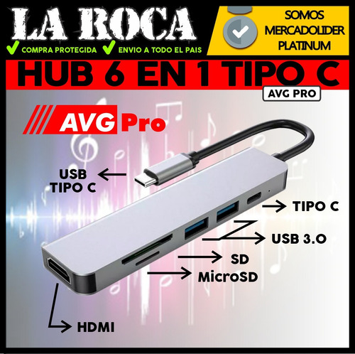 Imagen 3 de 10 de Adaptador Hub Macbook Air Pro Usb C 6 En 1 Hdmi Usb Sd