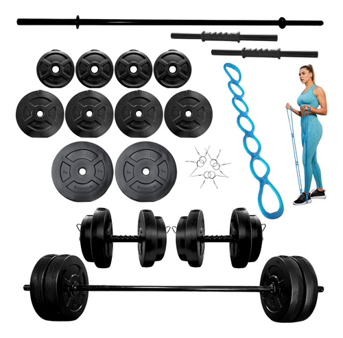 Kit 24 Set 2 Mancuernas + 24 Kg. Discos Pvc Negro Color Kit 24 + BANDA JELLY CHEST