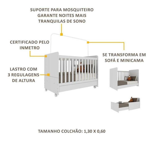 Berço Americano / Mini Cama 3 Em 1 C/ Colchão E Rodízios Bco