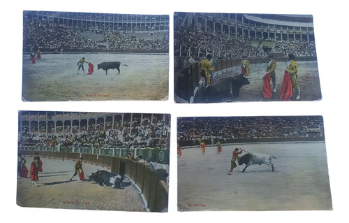 España 4 Postales Plaza De Toros 1900 A Color 