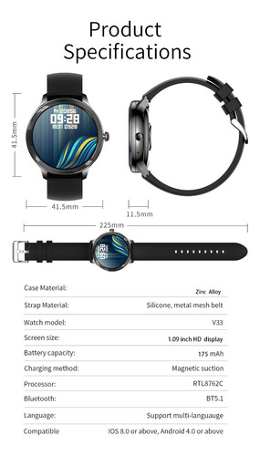 Imagen 5 de 6 de Smartwatch V33 Llamadas Cardio Spo2 Deportes + Malla Extra