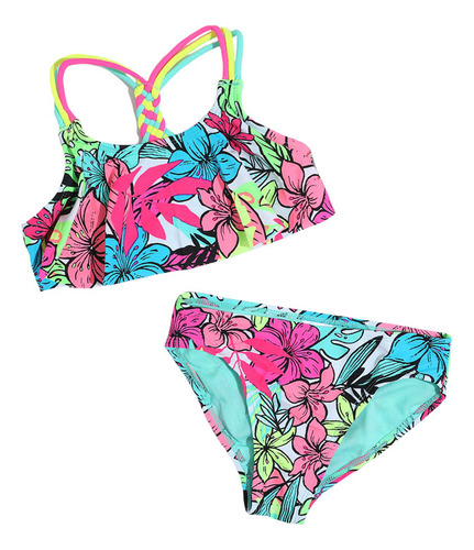 Traje De Baño Tipo Bikini Floral Para Niña, Espalda Halter,