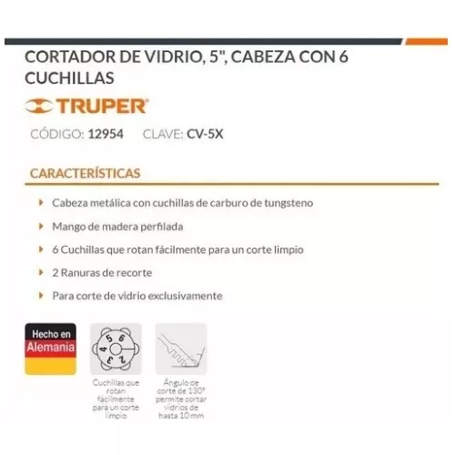 Cortador de vidrio 5 con 6 cuchillas, Truper, Cortadores, 12954