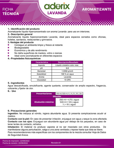 Aromatizante Fragancia Lavanda 20 Lts