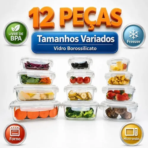 Kit 12 Potes de Vidro Marmita com Tampa Hermética Yikasa