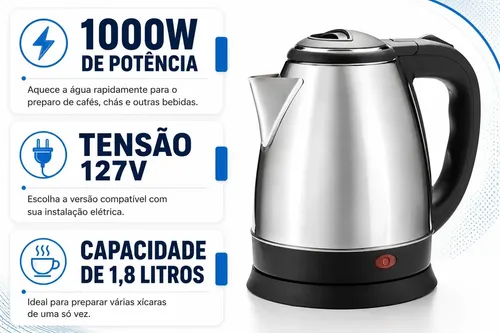 Chaleira Elétrica Inox 1,8L 1000W Aquecimento Rápido Automática