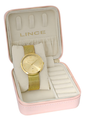 Kit Relogio Lince Feminino Dourado Porta Joia Lrgh229l36