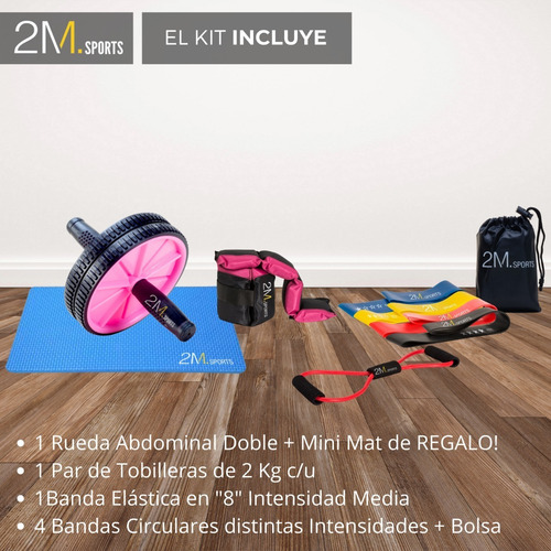 Imagen 8 de 10 de Set Rueda Abdominales + 5 Bandas Elásticas + Tobilleras 2kg