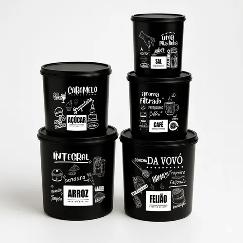 Kit 5 Potes De Mantimentos Plástico Decorado Preto Frases