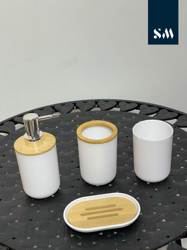 Juego De Accesorios Para Baño Cesto Cepillo Dispenser Blanco