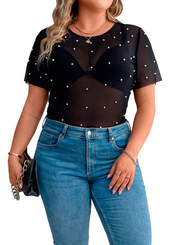 Blusa Remera Top Shein Clasi  Perlas Y Tachas Plus Size