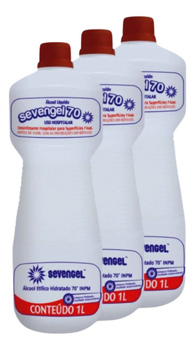 Kit 3 Sevengel Liquido 70% 1l Limpeza Alta Qualidade