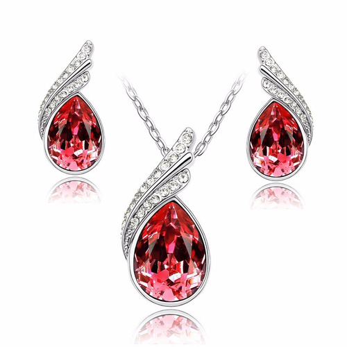 Conjunto Feminino Colar + Brinco Cristal Vermelho Escuro