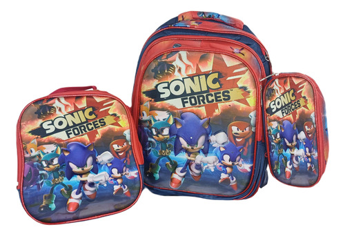 Mochila Escolar Primaria 3d Con Luz Sonic En Combo Lapicera + Lonchera+carrito