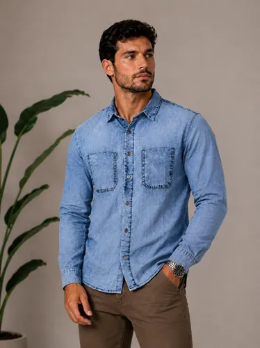 Camisa Jeans Masculina Manga Longa Casual Básica