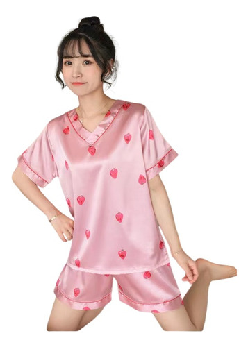 Pijama De Seda Ice Mujer Verano Conjunto De Seda Manga Corta