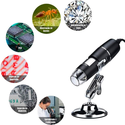 Microscópio Zoom 1600x Cam 2.0 Mp Profissional Digital Usb Cor Preto
