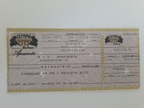 Ingressos Shows Ramones Em São Paulo 1992 E 1994