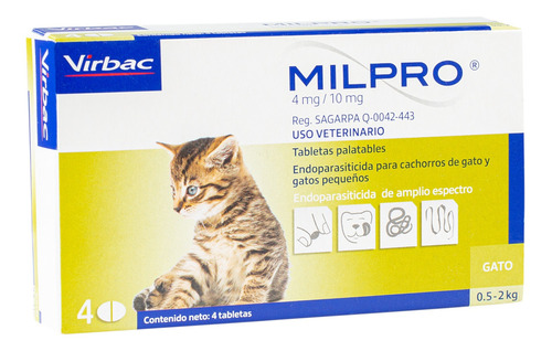 Desparasitante Milpro Gato Cachorro (menos De 2kg) 4un.