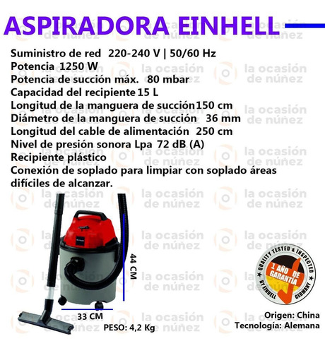 Imagen 2 de 8 de Aspiradora Inalambrica Einhell Tc-vc 18 15 Lt Tacho Plastico