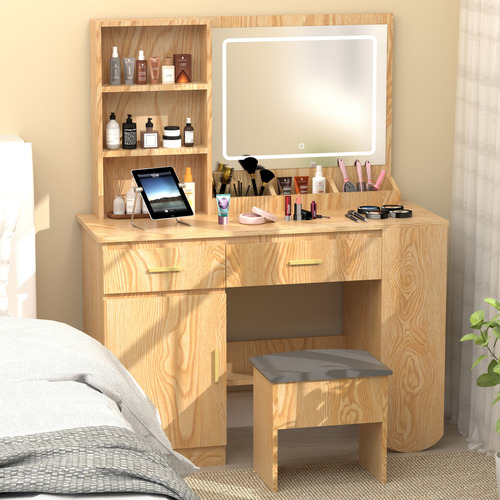 Tocador De Dormitorio Con Espejo Led Moderno Incluye Taburet