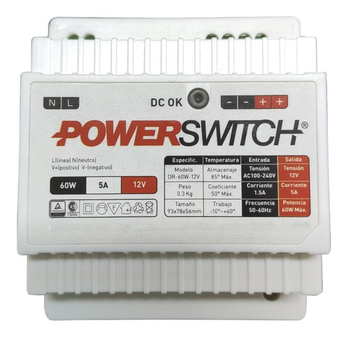 Fuente De Alimentación Switching 60w 12v 5a Para Riel Din