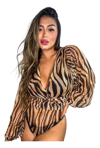 Body Bori Bory Tule Manga Longa Transpassado Animal Print 