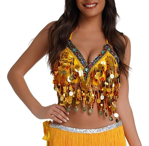 Crop Top Brilla Camiseta Monedas Blusa Danza Playa Fiesta