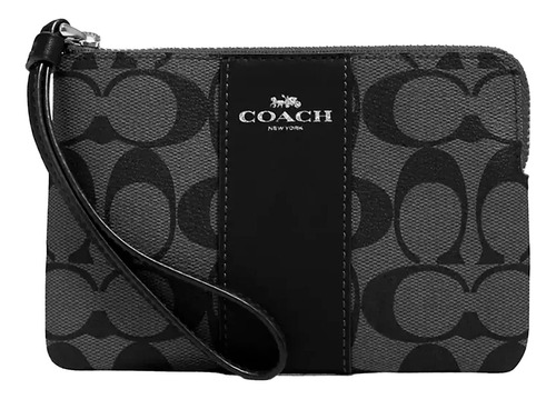 Monedero Coach Corner Zip Wristlet Color Gris Oscuro De Cuero Y Lona - 10cm X 16cm X 1.27cm